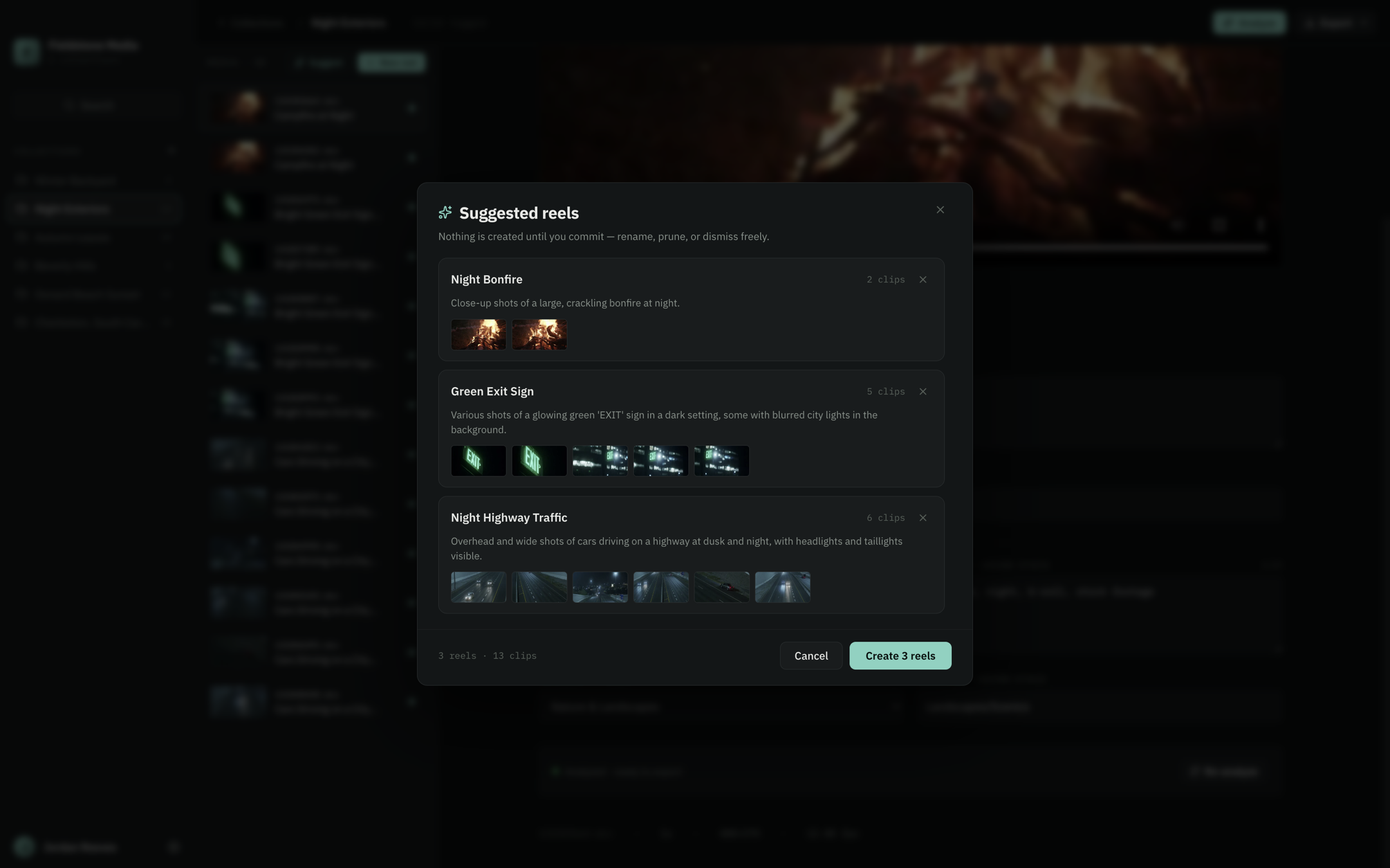 AI-suggested reels grouped by scene, ready for review