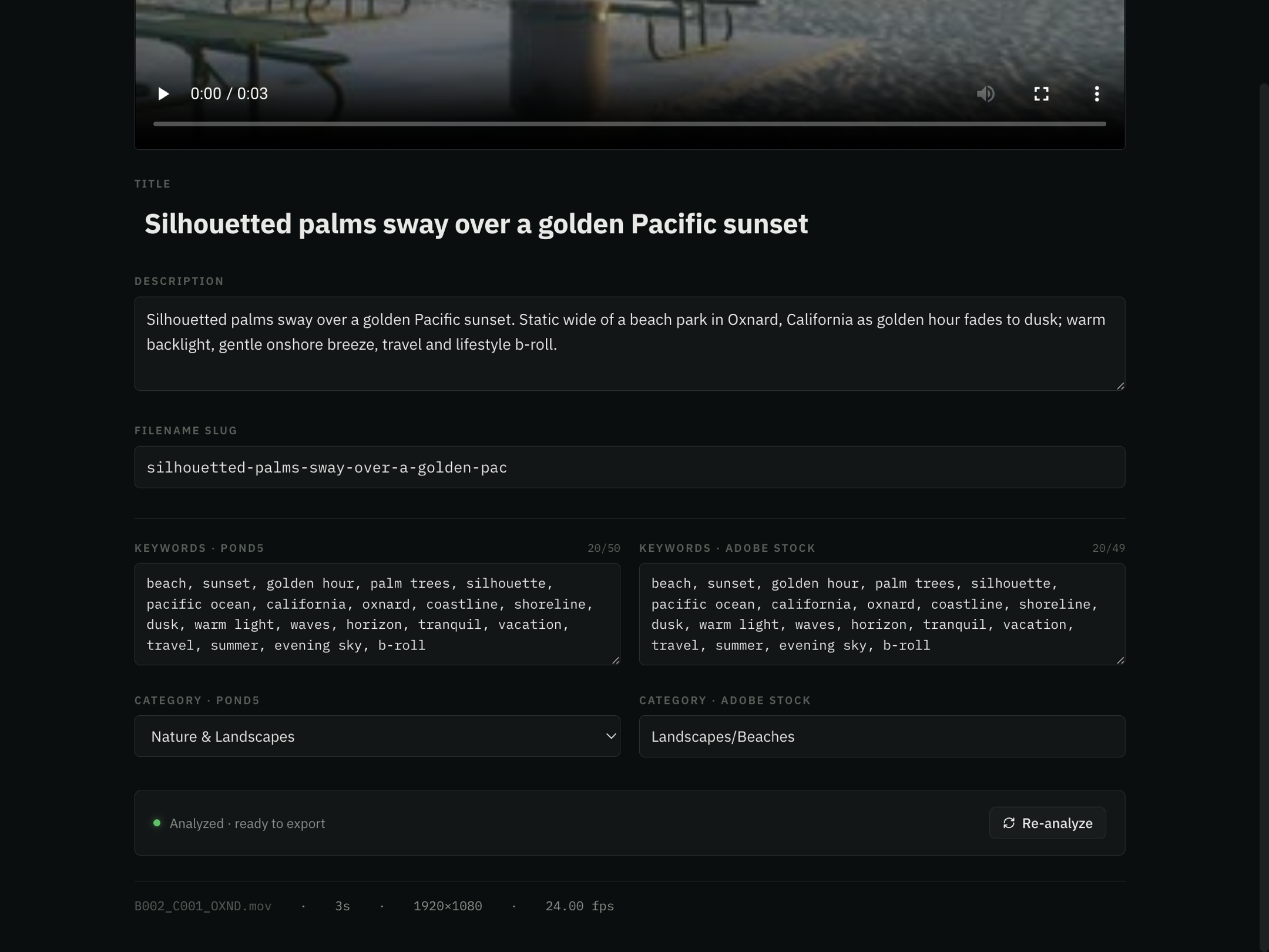 AI-generated title, description, and keywords for a clip